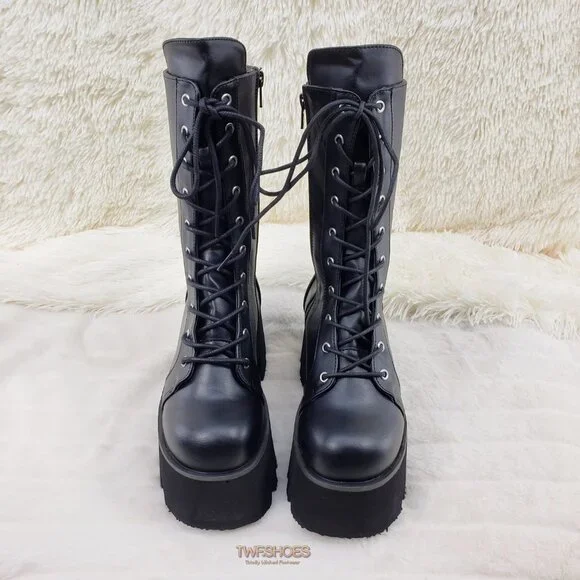 Ashes Black Matte Platform Goth Punk Mid Calf Combat Boots - Picture 11 of 14